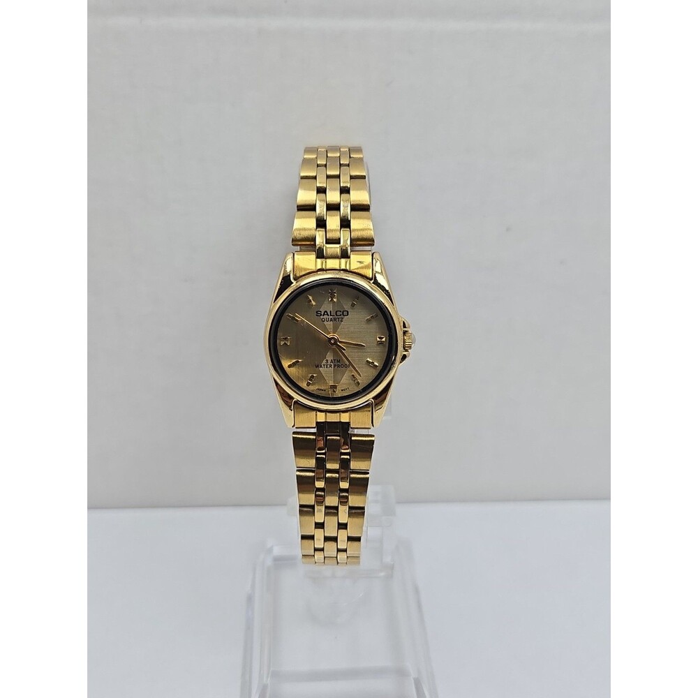Womens Salco Gold Tone Quartz Bracelet Dress Watch Dainty Petite New Battery